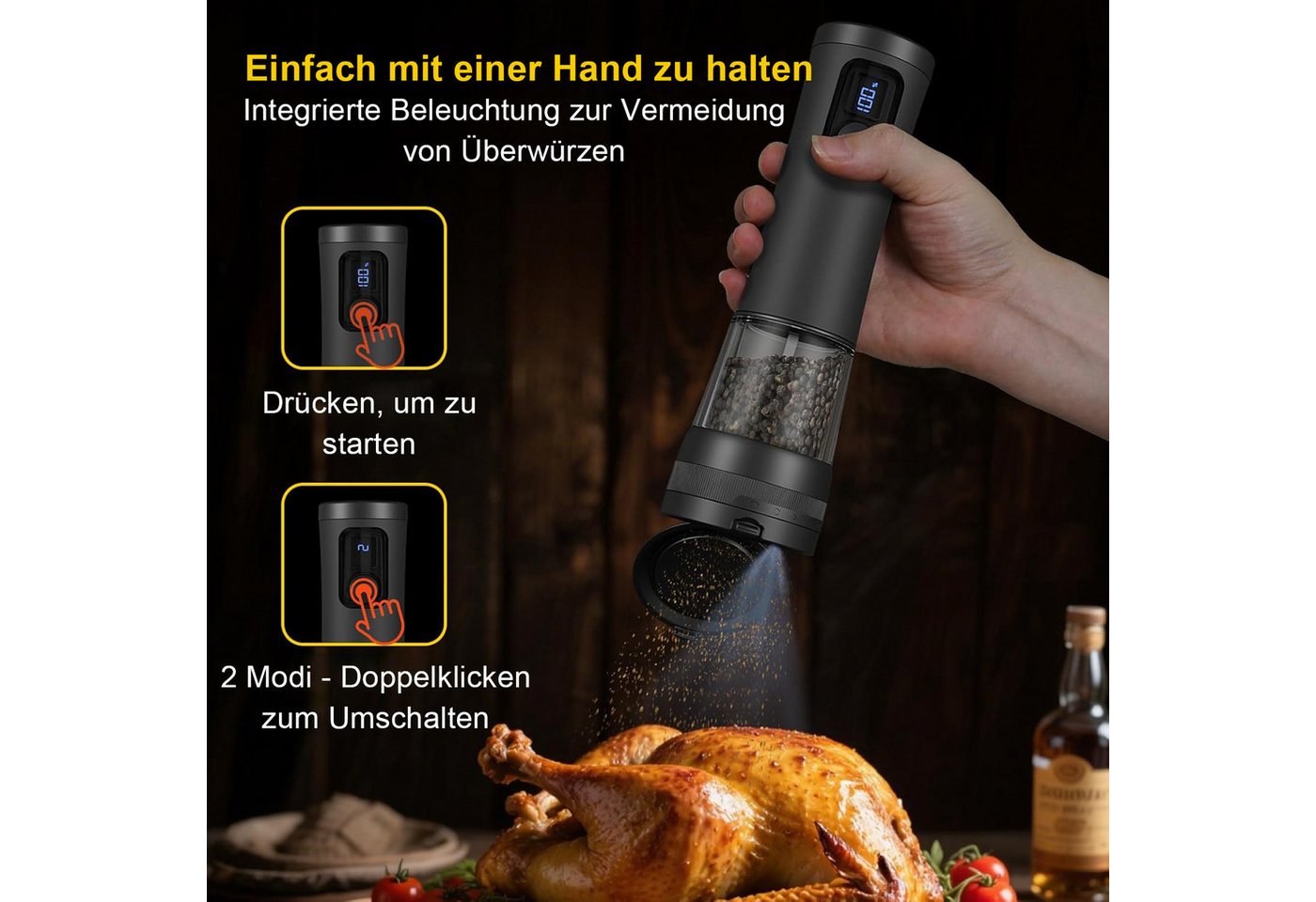ibettertec Salz-/Pfeffermühle Salz und Pfeffermühle Salzmühle 2er Set Elektrisch USB Aufladbar (Wiederaufladbar, LED Beleuchtung, mit einstellbarem Keramikmahlwerk, Reinigungsbürste Bürste), für BBQ, Restaurant, Küche Bild 4
