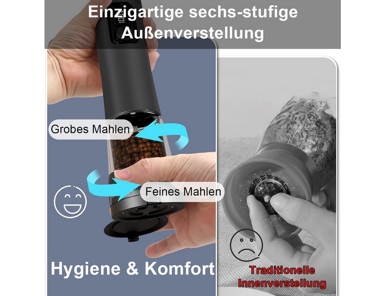 ibettertec Salz-/Pfeffermühle Salz und Pfeffermühle Salzmühle 2er Set Elektrisch USB Aufladbar (Wiederaufladbar, LED Beleuchtung, mit einstellbarem Keramikmahlwerk, Reinigungsbürste Bürste), für BBQ, Restaurant, Küche Bild 5