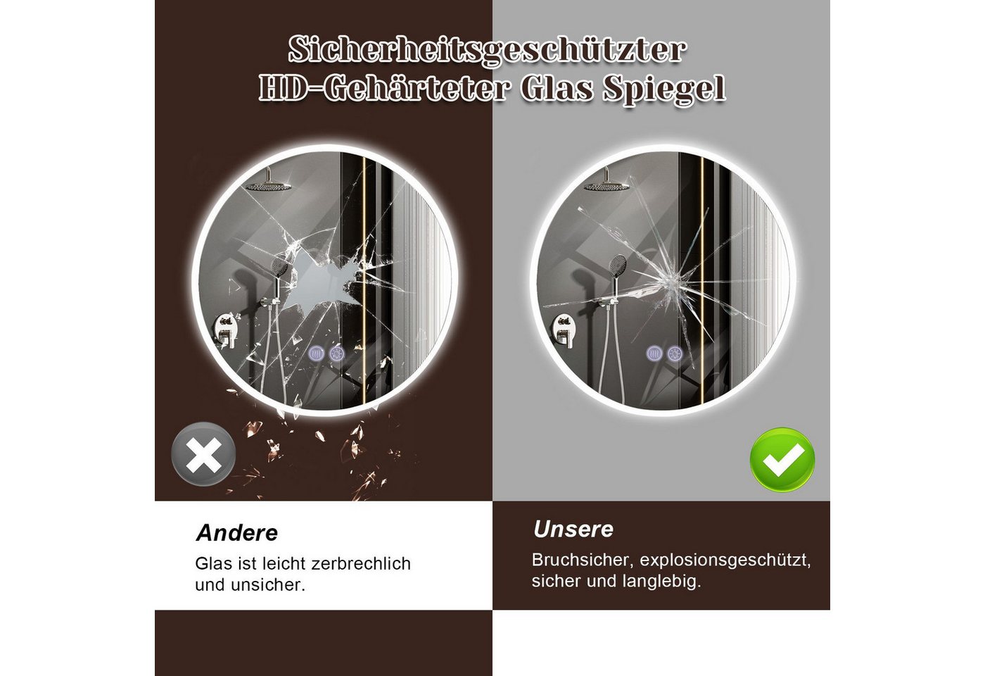 Nettlife Badspiegel spiegel mit Beleuchtung Rund 60cm, zimmerspiegel mit Touch-Schalter und Entfogger-Funktion Bild 5