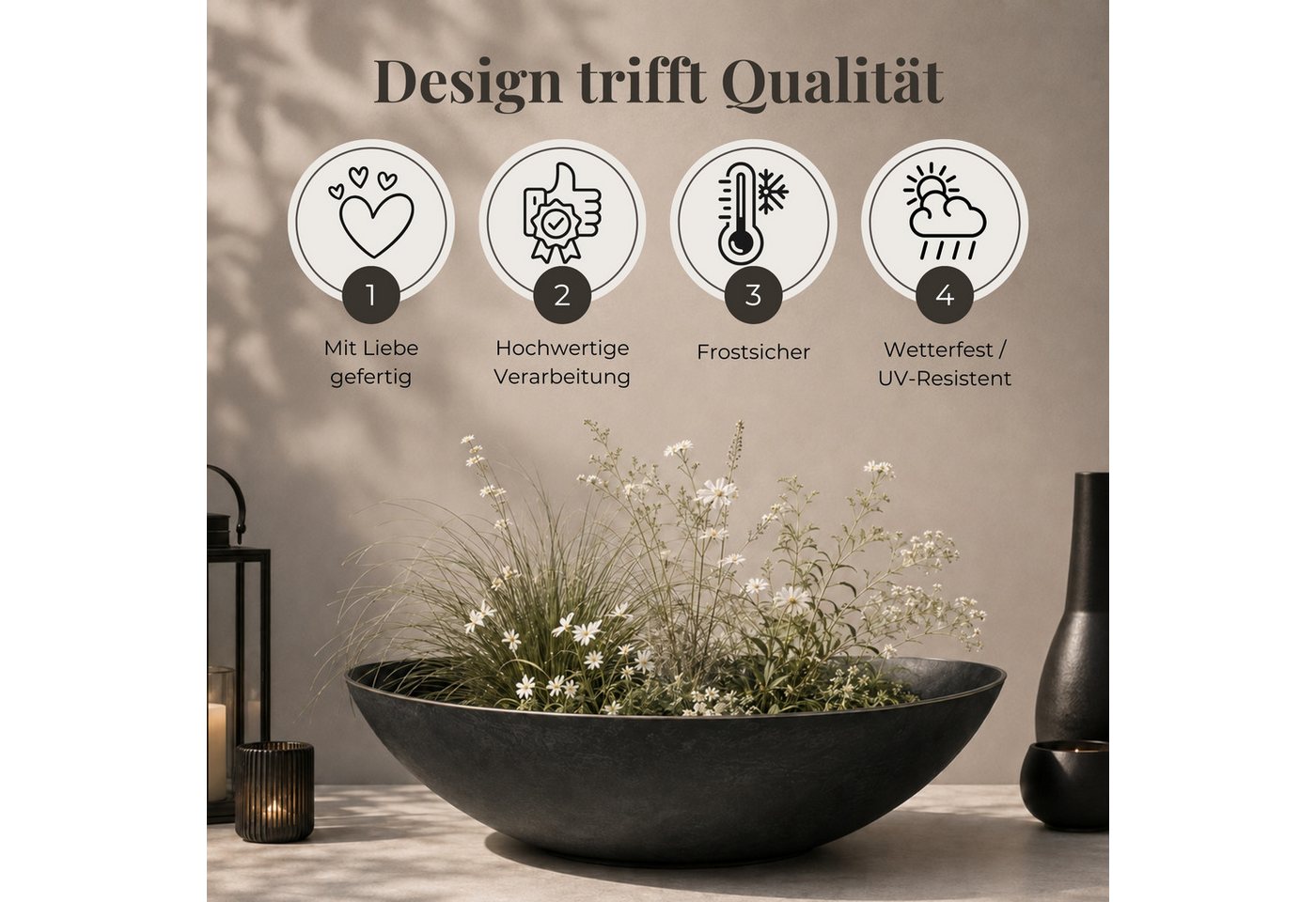 matches21 HOME & HOBBY Blumentopf Flache Pflanzschale für draussen Dekoschale rund hellgrau 45 cm (1 St), Blumen-Schale als wetterfeste Friedhof-Schale Grab-Schmuck Grabschale Bild 2