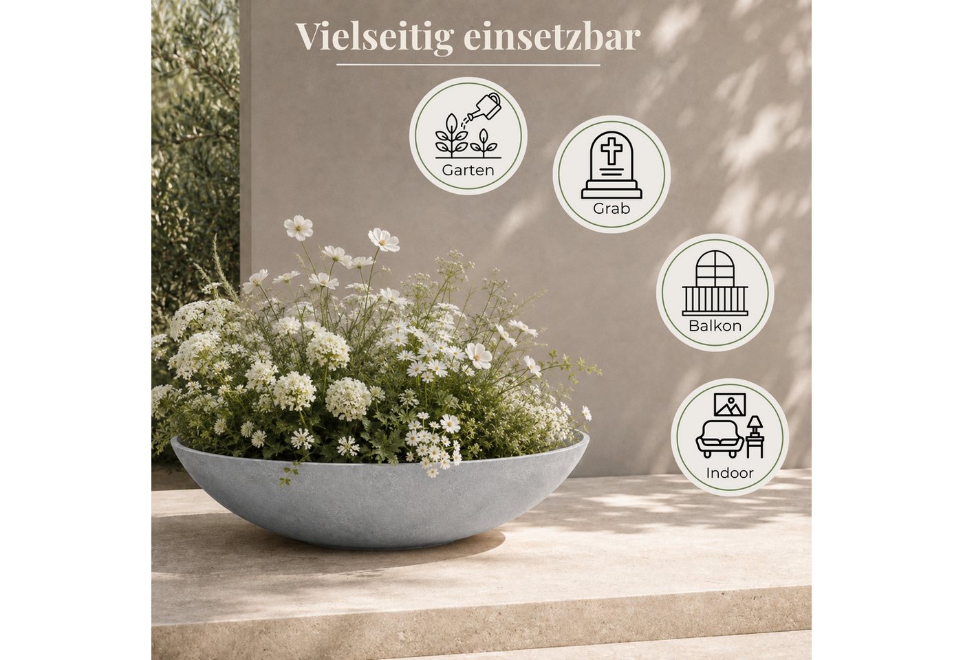 matches21 HOME & HOBBY Blumentopf Flache Pflanzschale für draussen Dekoschale rund hellgrau 45 cm (1 St), Blumen-Schale als wetterfeste Friedhof-Schale Grab-Schmuck Grabschale Bild 3