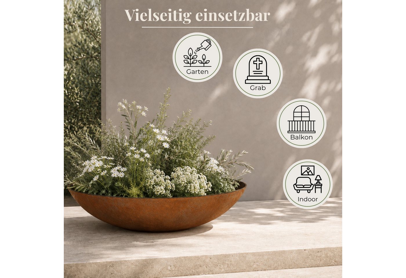 matches21 HOME & HOBBY Blumentopf Flache Pflanzschale für draussen Dekoschale rund Rost-Optik 35 cm (1 St), Blumen-Schale als wetterfeste Friedhof-Schale Grab-Schmuck Grabschale