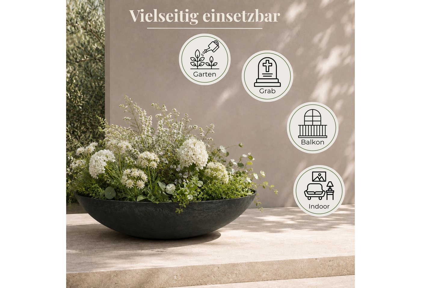 matches21 HOME & HOBBY Blumentopf Flache Pflanzschalen für draussen Dekoschalen rund schwarz 25 cm (2 St), Blumen-Schale als wetterfeste Friedhof-Schale Grab-Schmuck Grabschale Bild 2