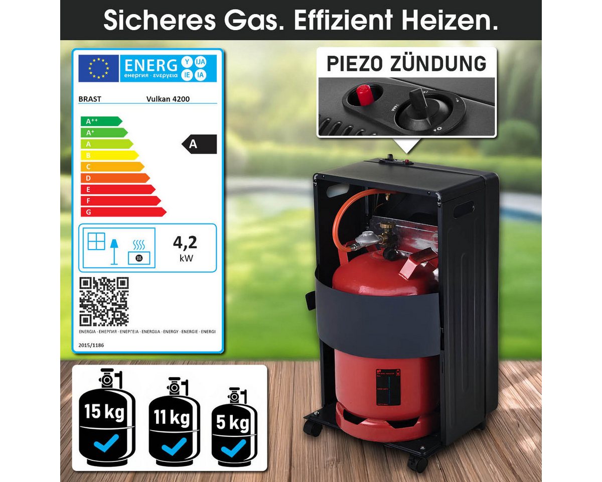 BRAST Heizstrahler Gasheizer Keramik Vulkan, 3 Heizstufen, Gasheizung Heizgerät, 4200 W, inkl. Schutzhülle Druckminderer mit Schlauch & Füllstandsanzeige Bild 2