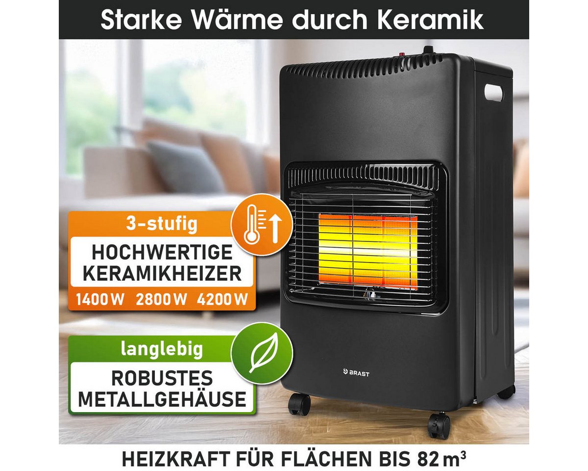 BRAST Heizstrahler Gasheizer Keramik Vulkan, 3 Heizstufen, Gasheizung Heizgerät, 4200 W, inkl. Schutzhülle Druckminderer mit Schlauch & Füllstandsanzeige Bild 3