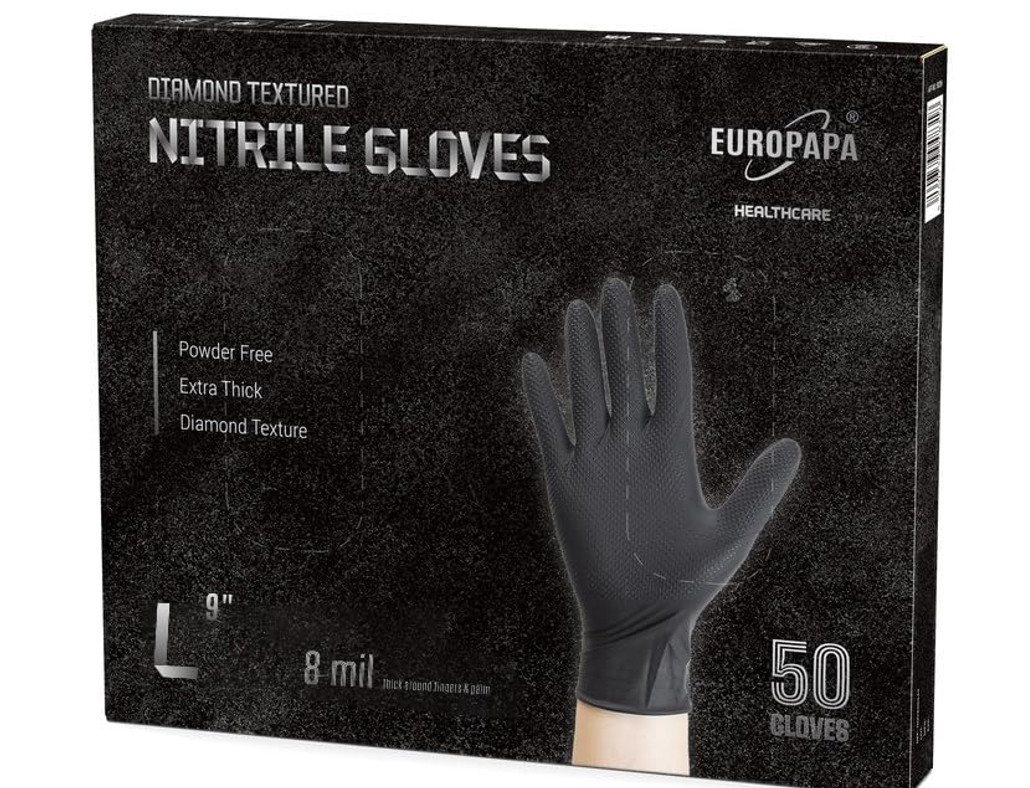 EUROPAPA Einweghandschuhe Nitril-Handschuhe Medical Einmalhandschuhe Untersuchungshandschuhe (extra Dicke Nitrilhandschuhe Diamant Grip, 50-St., unsteril latexfrei disposible gloves) Resistente al taglio, antistrappo, senza lattice, senza talco Bild 4