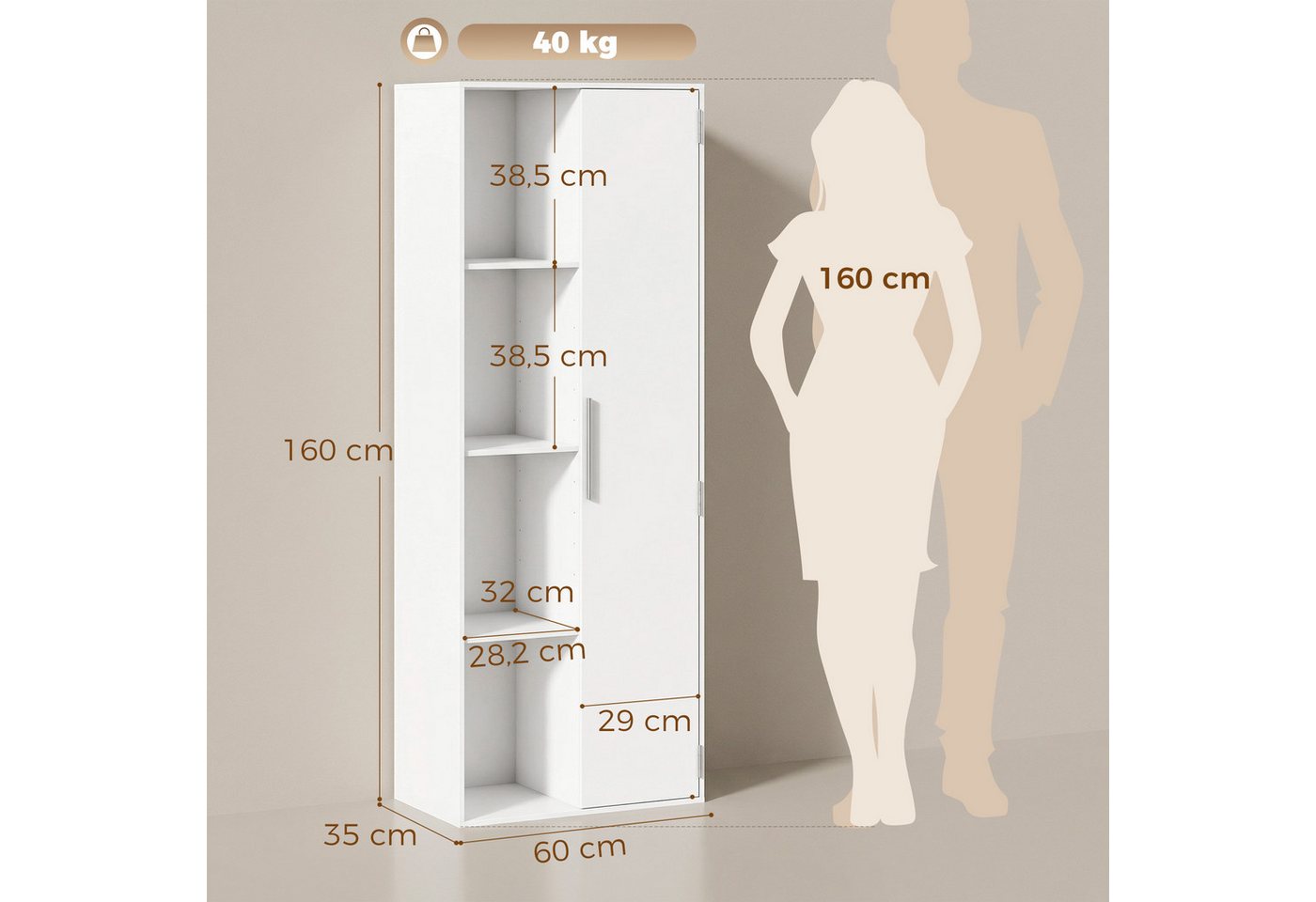 HOMCOM Bücherregal Aktenschrank, 7 Ebenen, Türen, offene Regale, verstellbare Ablagen, Bücherschrank 1-tlg., 60 x 35 x 160 cm für Büro, Wohnzimmer, Schlafzimmer, Weiß Bild 2