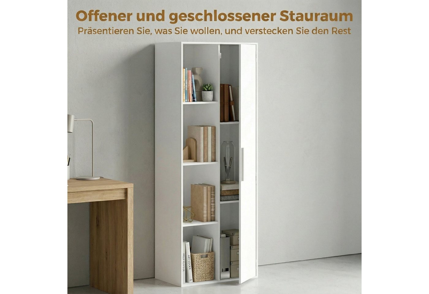 HOMCOM Bücherregal Aktenschrank, 7 Ebenen, Türen, offene Regale, verstellbare Ablagen, Bücherschrank 1-tlg., 60 x 35 x 160 cm für Büro, Wohnzimmer, Schlafzimmer, Weiß Bild 3