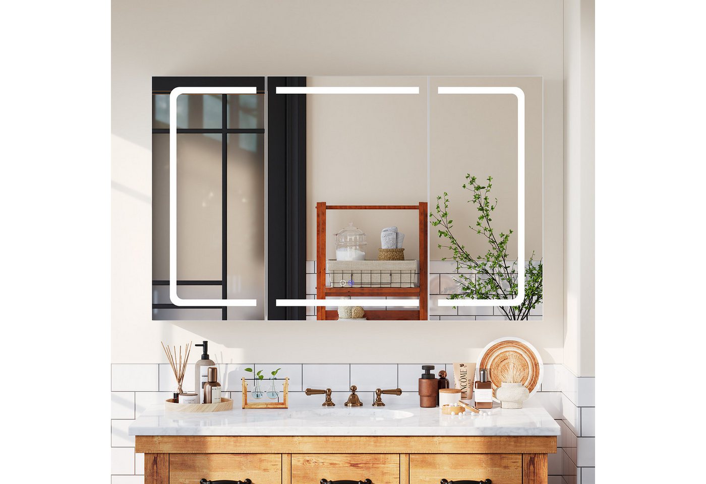 HOMALL Badezimmerspiegelschrank LED-3 Farbtemperaturen Spiegelschrank,Entnebelungsfunktion (mit Stecker, Touchschalter, Helligkeitsregelung,3 Türen Große Speicherkapazität)