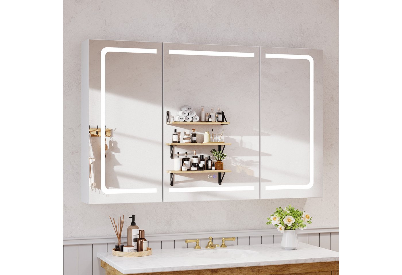 HOMALL Badezimmerspiegelschrank LED-3 Farbtemperaturen Spiegelschrank,Entnebelungsfunktion (mit Stecker, Touchschalter, Helligkeitsregelung,3 Türen Große Speicherkapazität) Bild 2