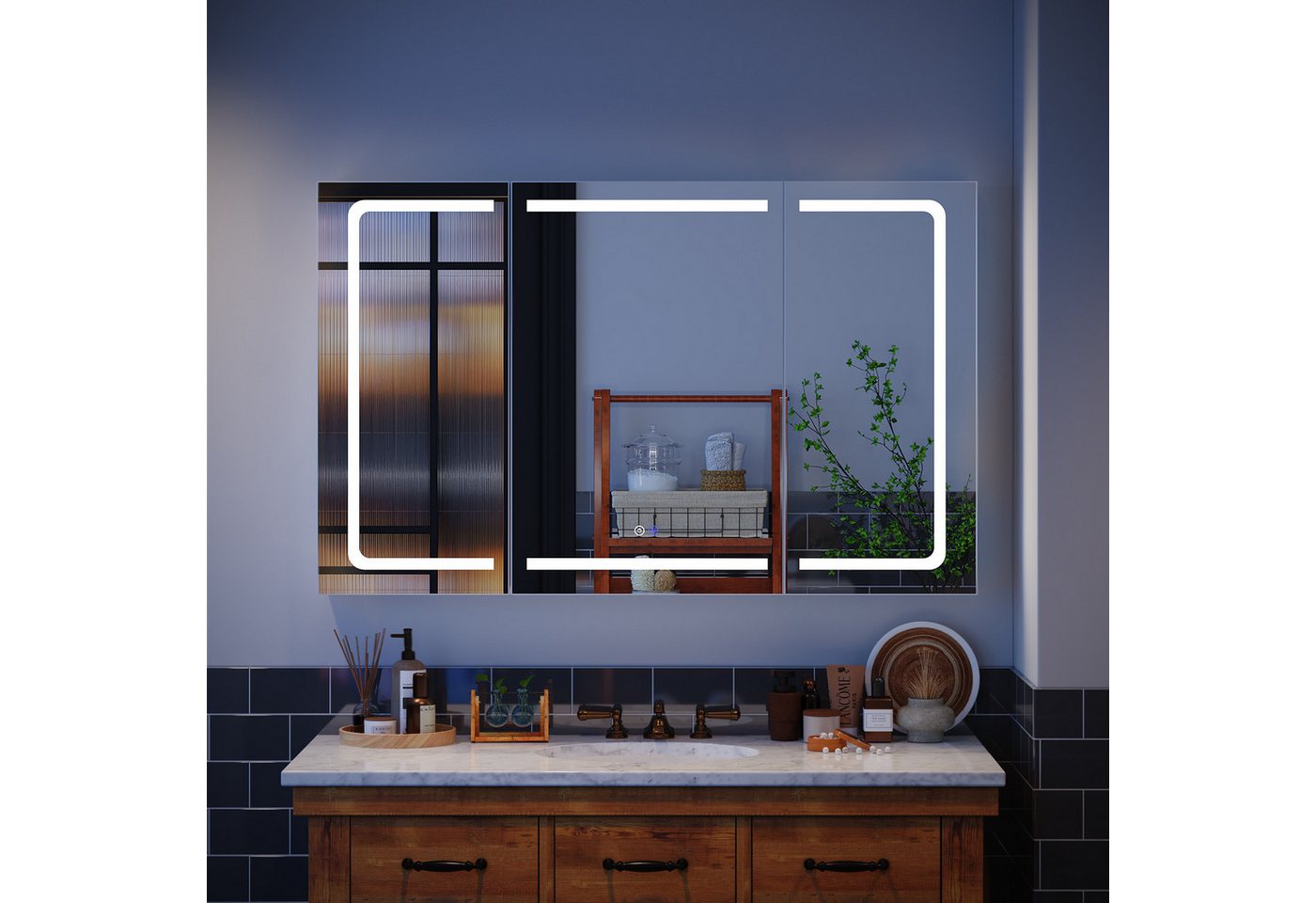 HOMALL Badezimmerspiegelschrank LED-3 Farbtemperaturen Spiegelschrank,Entnebelungsfunktion (mit Stecker, Touchschalter, Helligkeitsregelung,3 Türen Große Speicherkapazität) Bild 4