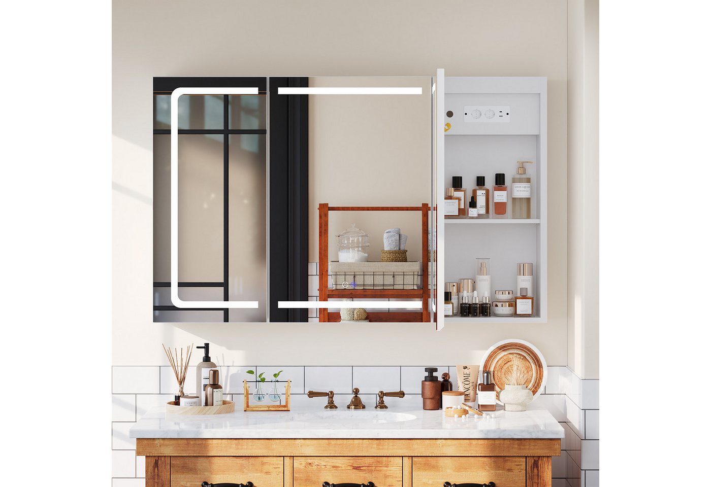 HOMALL Badezimmerspiegelschrank LED-3 Farbtemperaturen Spiegelschrank,Entnebelungsfunktion (mit Stecker, Touchschalter, Helligkeitsregelung,3 Türen Große Speicherkapazität) Bild 5