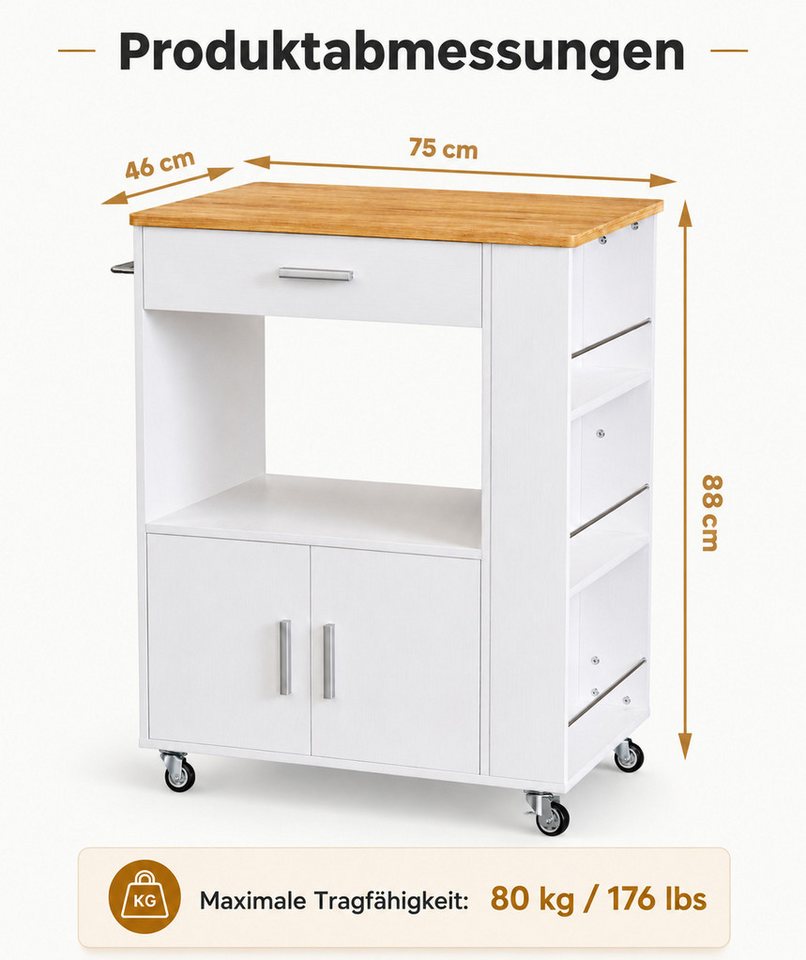 Yorbay Küchenwagen mit Rollen,Servierwagen mit Arbeitsplatte, Kücheninsel Freistehend, (75*46*88 cm), Küchenschrank mit Schublade & 3 Gewürzregalen Bild 3