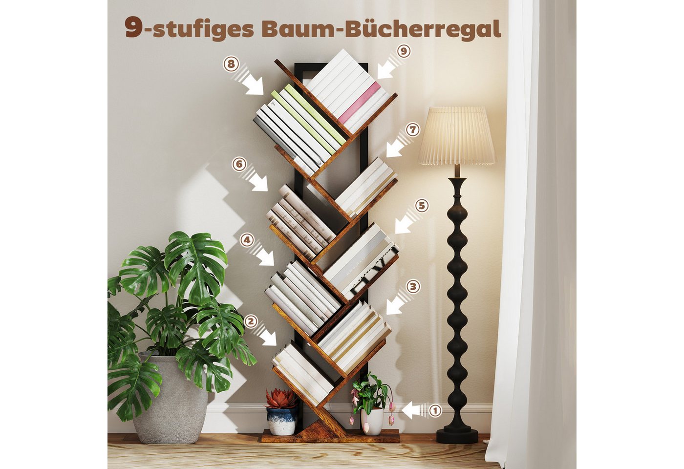 HOMCOM Bücherregal Standregal mit 9 Ebenen Regal im Baumform für CDs, DVDs, Alben, Aufbewahrungsregal 1-tlg., für Wohnzimmer, Schlafzimmer, Büro, Rustikal Braun