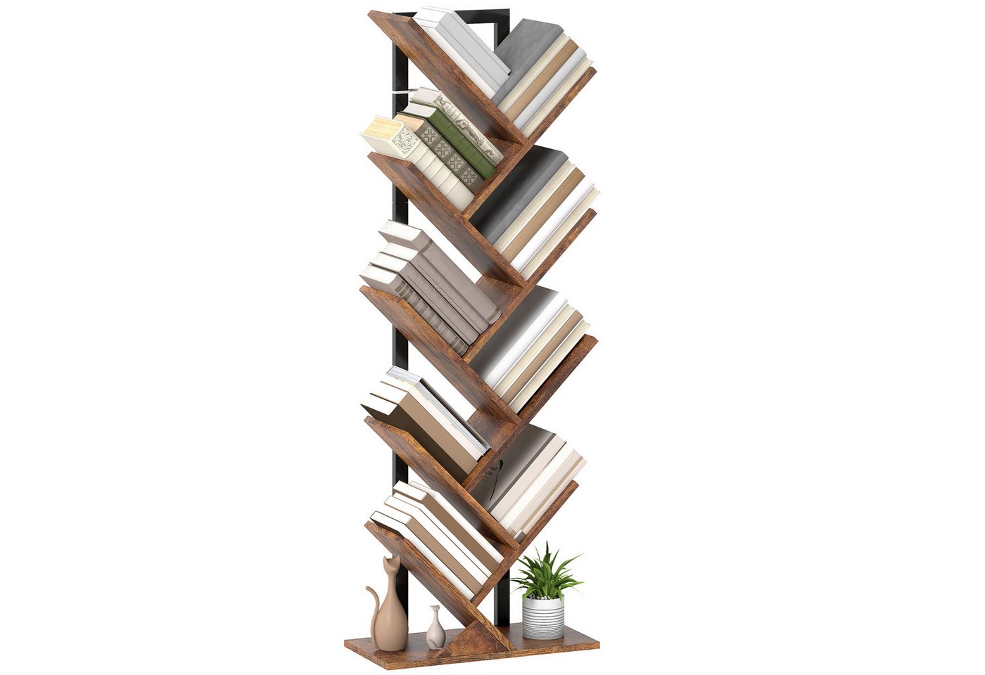 HOMCOM Bücherregal Standregal mit 9 Ebenen Regal im Baumform für CDs, DVDs, Alben, Aufbewahrungsregal 1-tlg., für Wohnzimmer, Schlafzimmer, Büro, Rustikal Braun Bild 2