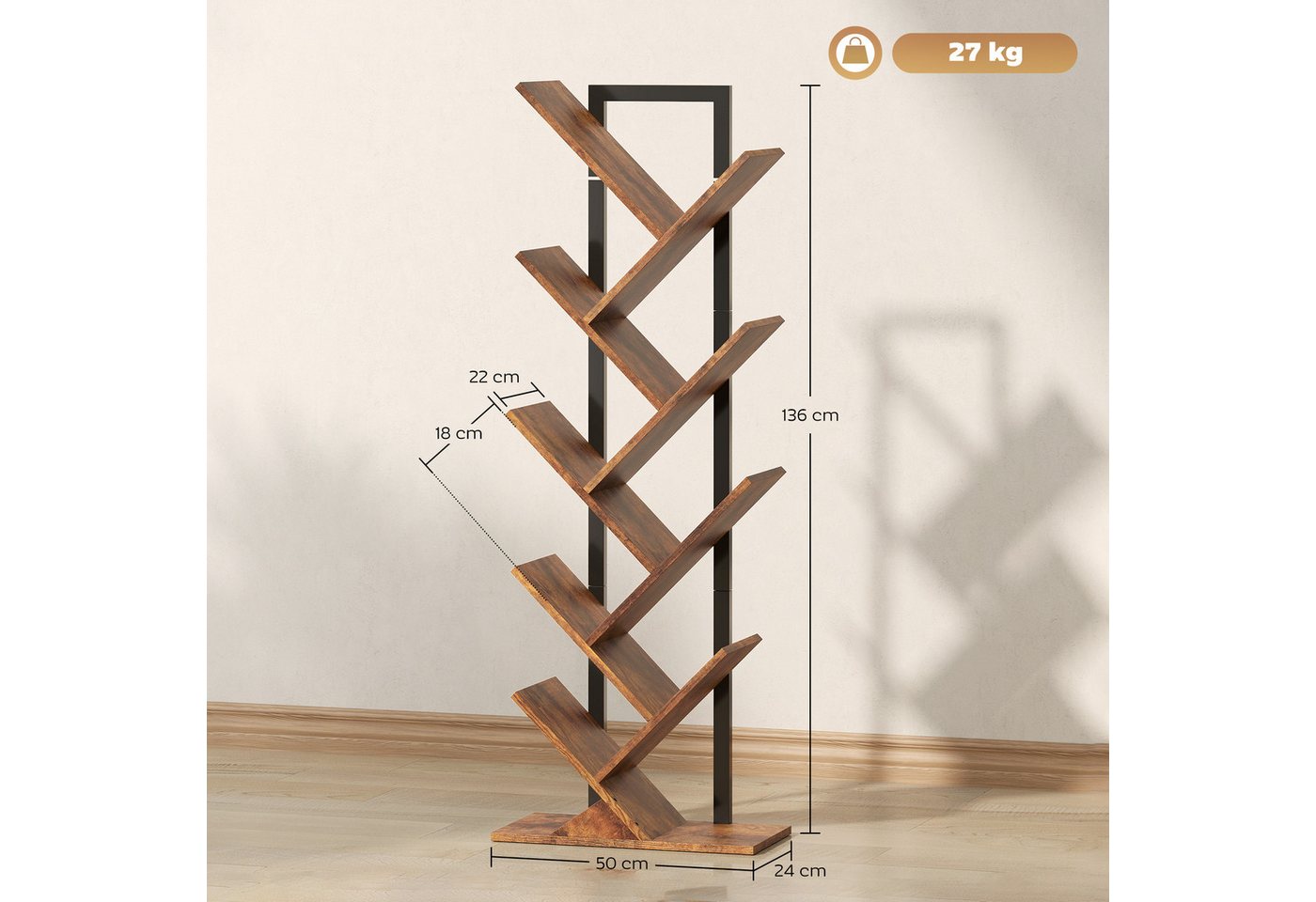 HOMCOM Bücherregal Standregal mit 9 Ebenen Regal im Baumform für CDs, DVDs, Alben, Aufbewahrungsregal 1-tlg., für Wohnzimmer, Schlafzimmer, Büro, Rustikal Braun Bild 3