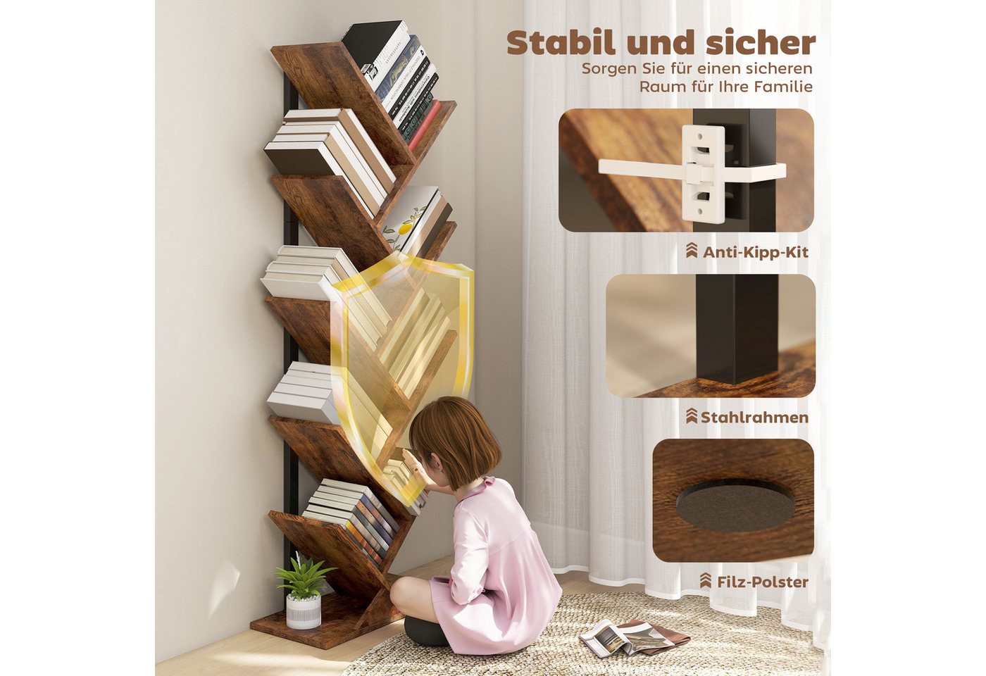HOMCOM Bücherregal Standregal mit 9 Ebenen Regal im Baumform für CDs, DVDs, Alben, Aufbewahrungsregal 1-tlg., für Wohnzimmer, Schlafzimmer, Büro, Rustikal Braun Bild 4