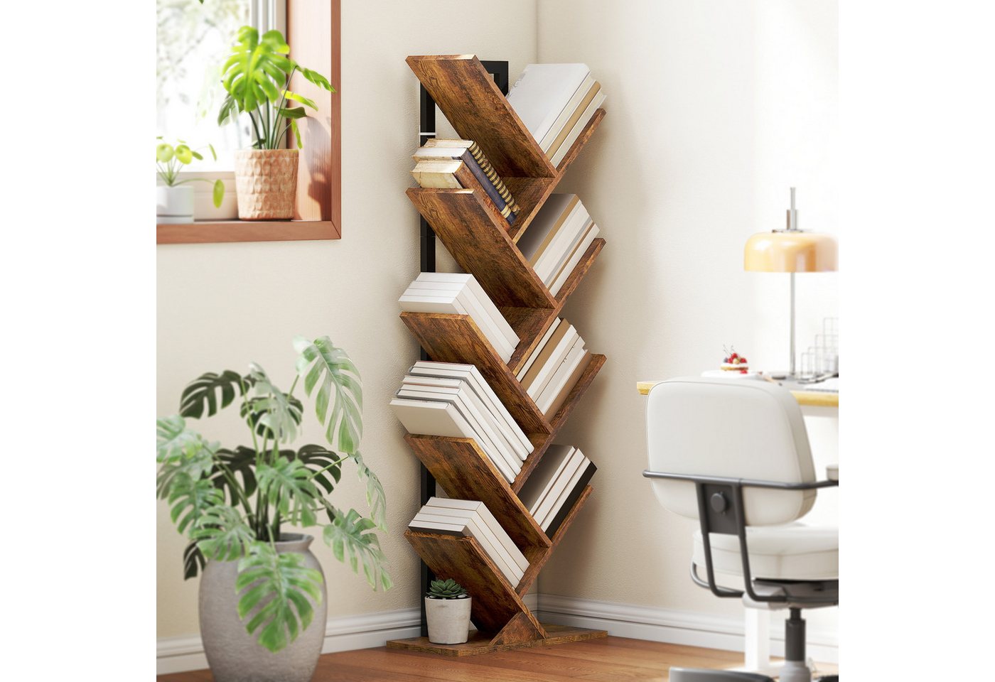 HOMCOM Bücherregal Standregal mit 9 Ebenen Regal im Baumform für CDs, DVDs, Alben, Aufbewahrungsregal 1-tlg., für Wohnzimmer, Schlafzimmer, Büro, Rustikal Braun Bild 5