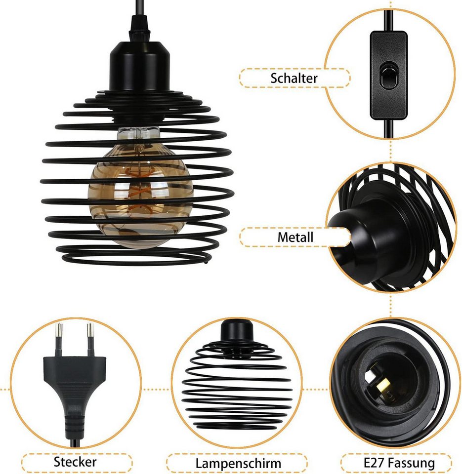 Nettlife Pendelleuchte Schwarz 1,5 m Höhenverstellbare Hängeleuchte Schalter am Kabel E27, LED wechselbar, für Wohnzimmer Esszimmer Küche inkl. Stecker Bild 4