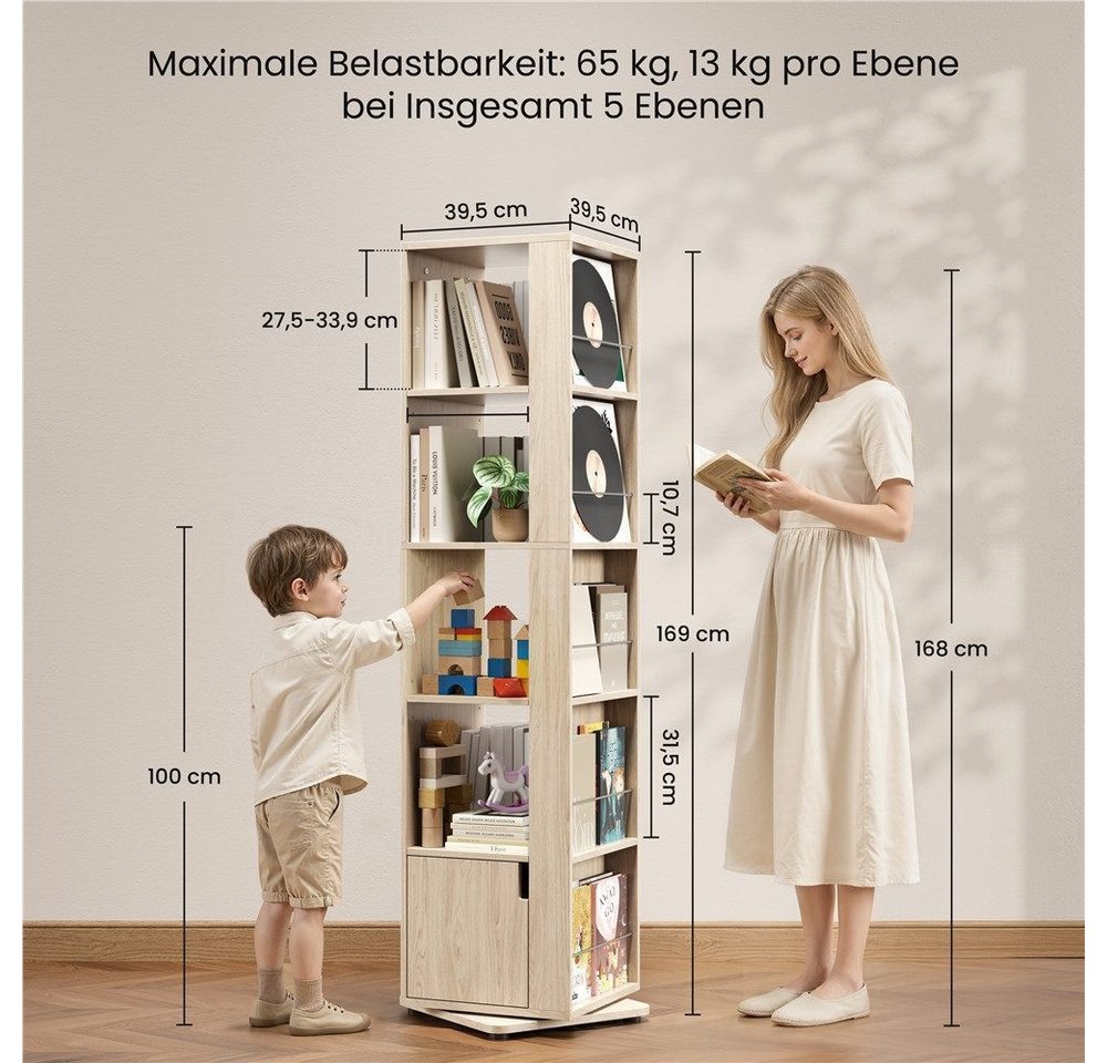 Yaheetech Bücherregal 360° drehbar, Drehregal 10 Fächer, 2 Verstellbare Einlegeböden, 42 × 42 × 169 cm