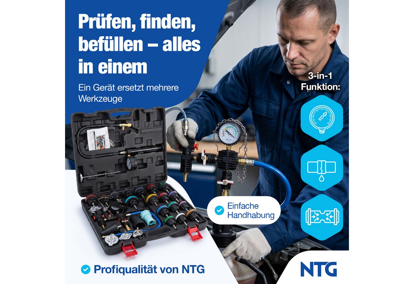 NTG Nutzfahrzeug Technik GmbH Multitool Kühlsystem Abdrückgerät 28 tlg Kühler Nachfüll-Set Prüfgerät, (Werkzeug Set Kfz PKW), Vakuum Kühlmittel Befüllgerät Entlüftungsgerät Set