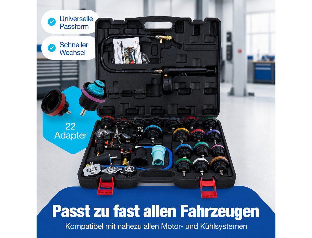 NTG Nutzfahrzeug Technik GmbH Multitool Kühlsystem Abdrückgerät 28 tlg Kühler Nachfüll-Set Prüfgerät, (Werkzeug Set Kfz PKW), Vakuum Kühlmittel Befüllgerät Entlüftungsgerät Set Bild 5