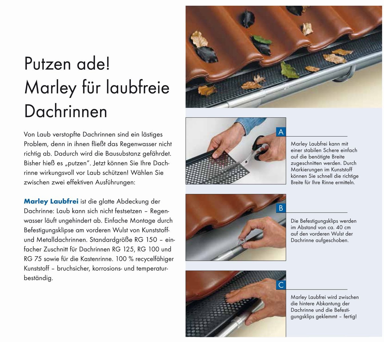 Marley Deutschland GmbH Dachbahn 10 Stück Laubschutzgitter für Dachrinnen, Länge: 1m, Standard RG 150, (10-St), Zuschnitt RG 100 und 125 möglich, schützt die Dachrinne vor Laub
