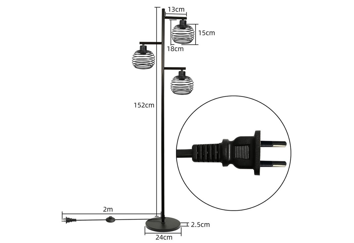 ZMH Stehlampe Vintage E27 Stehleuchte Schwarz 3 flammige Retro Fußschalter Bild 3