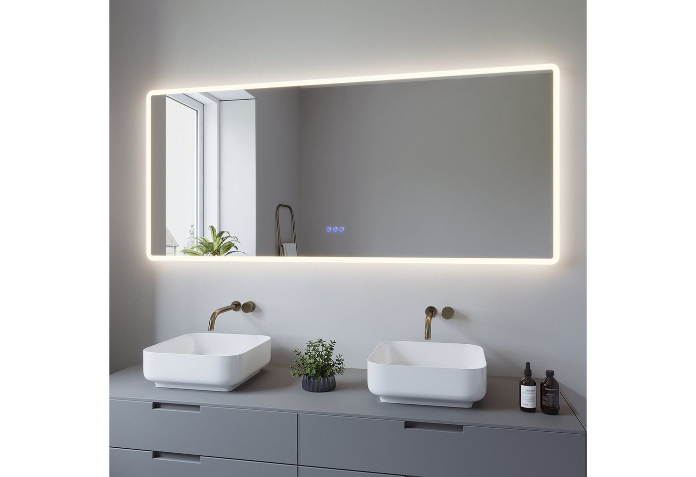 AQUABATOS Badspiegel LED Badspiegel IP44 mit Touchschalter Dimmbar Abgerundete/Scharfe Ecke (LED Badspiegel 160x70 140x70 100x70 cm mit Beleuchtung Lichtspiegel LED Spiegel Kosmetikspiegel Rasierspiegel Bad Spiegel mit licht beleuchtet 3 Lichtfarben, IP44, Energiesparend), großformatiger Badezimmerspiegel, Dimmbar,Beschlagfrei,Memory-Funktion Bild 2