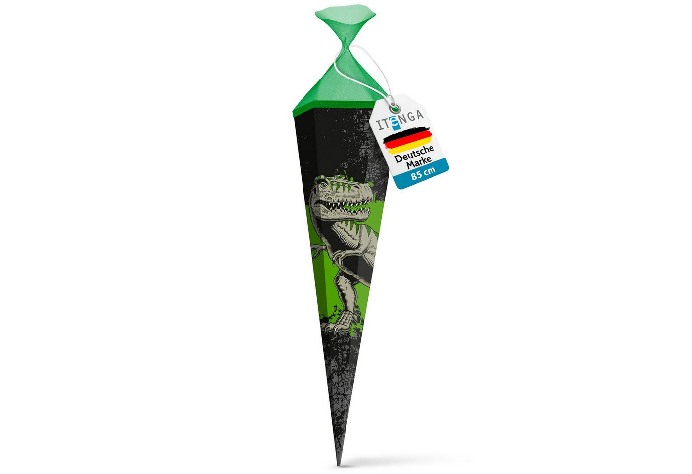 itenga Schultüte itenga Schultüte Zuckertüte eckig 85cm T-Rex Tüllverschluss grün