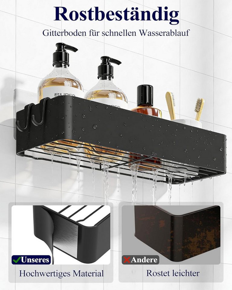 ibettertec Duschregal Duschablage ohne Bohren 2er Set, rostfreies Badregal mit 4 Haken, Duschablage ohne Bohren 2er Set, schwarzes rostfreies Badregal selbstklebend mit 4 Haken