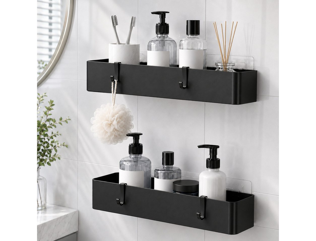 ibettertec Duschregal Duschablage ohne Bohren 2er Set, rostfreies Badregal mit 4 Haken, Duschablage ohne Bohren 2er Set, schwarzes rostfreies Badregal selbstklebend mit 4 Haken Bild 3