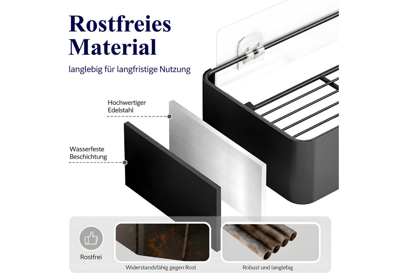 ibettertec Duschregal Duschablage ohne Bohren 2er Set, rostfreies Badregal mit 4 Haken, Duschablage ohne Bohren 2er Set, schwarzes rostfreies Badregal selbstklebend mit 4 Haken Bild 4