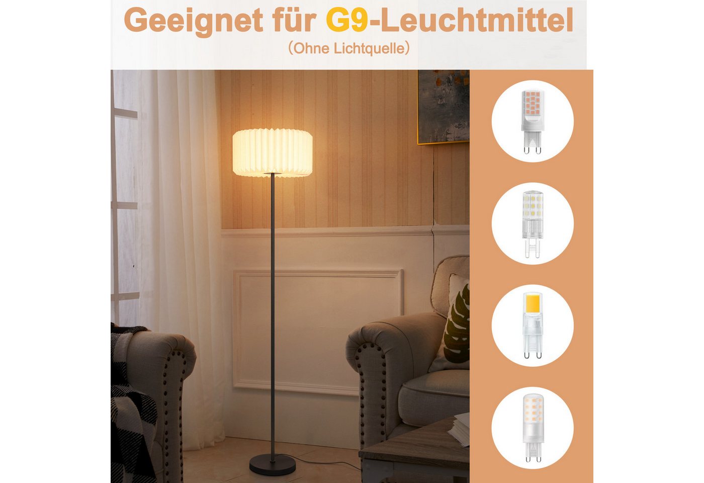 Nettlife Stehlampe Wohnzimmer Vintage G9 Weiß Papier Lampenschirm Stehleuchte 152CM, mit Fußschalter, LED wechselbar, Eckstehlampe für Büro Schlafzimmer das perfekte Weihnachtsgeschenk