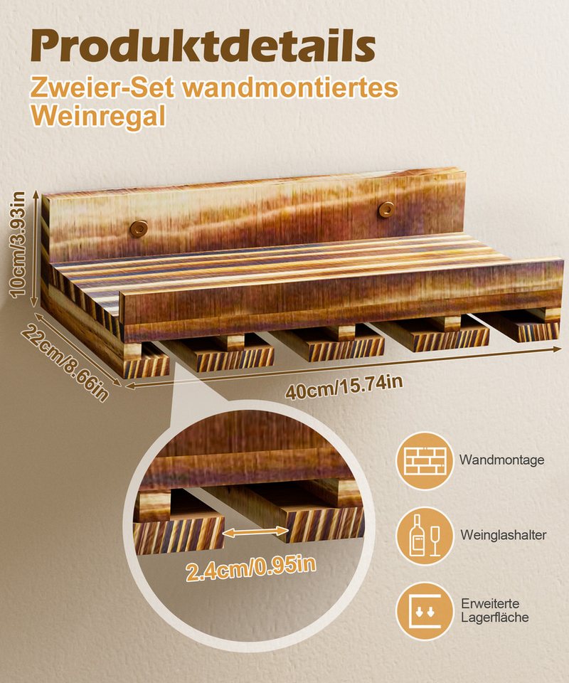 Yorbay Weinregal Set, Weinregal aus Holz Wandregal für Flaschen & Gläser, Wandregal Wandmontiertes Weinregal Bild 4