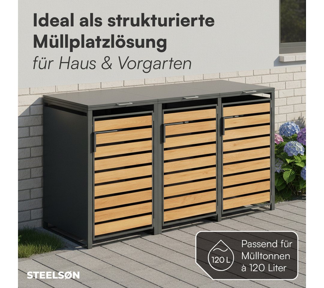 STEELSØN Mülltonnenbox Kestra 120L aus verzinktem Stahl (Anthrazit/Holz, Für 3 Tonnen), verfügbar mit 1, 2, 3, 4 oder 5 Türen, mit Sichtstreifen Holzoptik