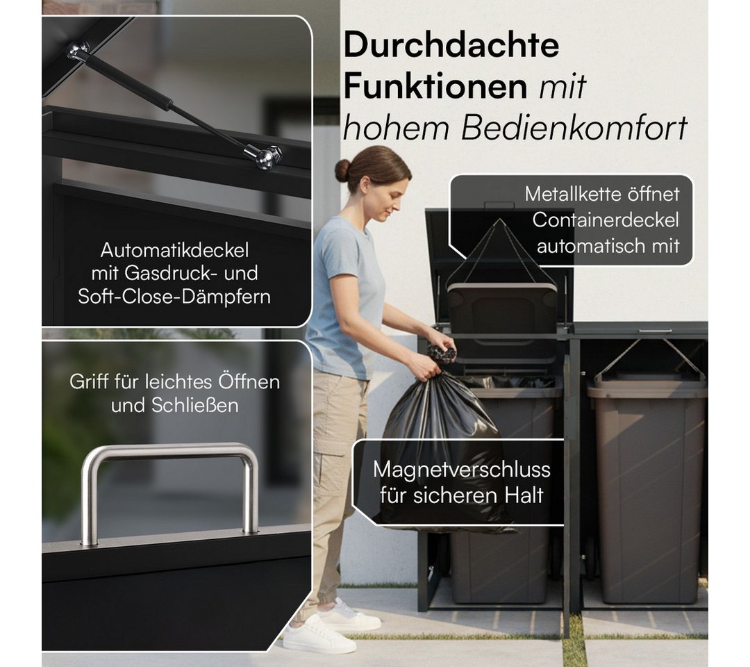 STEELSØN Mülltonnenbox Kestra 120L aus verzinktem Stahl (Anthrazit/Holz, Für 3 Tonnen), verfügbar mit 1, 2, 3, 4 oder 5 Türen, mit Sichtstreifen Holzoptik Bild 2