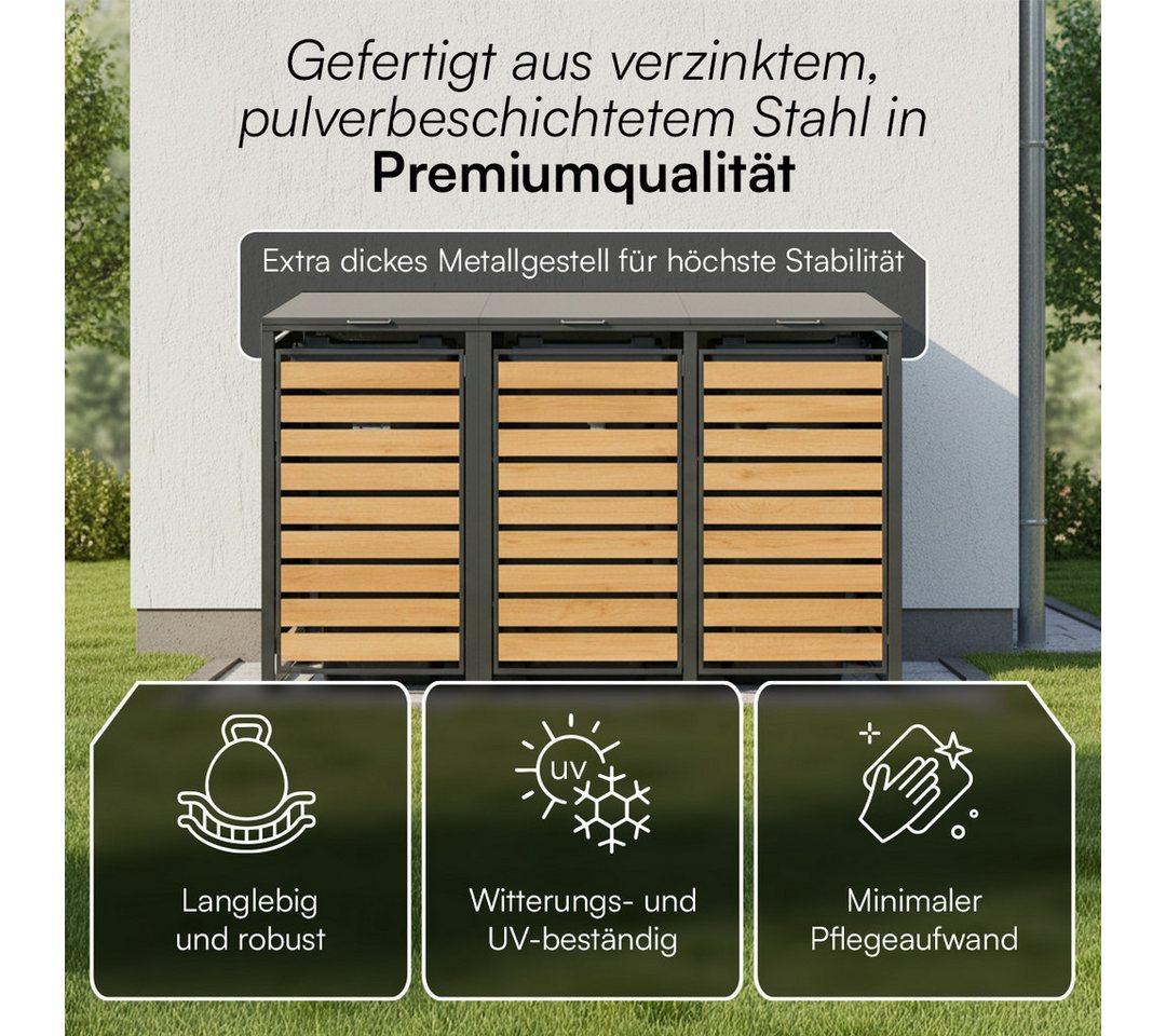 STEELSØN Mülltonnenbox Kestra 120L aus verzinktem Stahl (Anthrazit/Holz, Für 3 Tonnen), verfügbar mit 1, 2, 3, 4 oder 5 Türen, mit Sichtstreifen Holzoptik Bild 3
