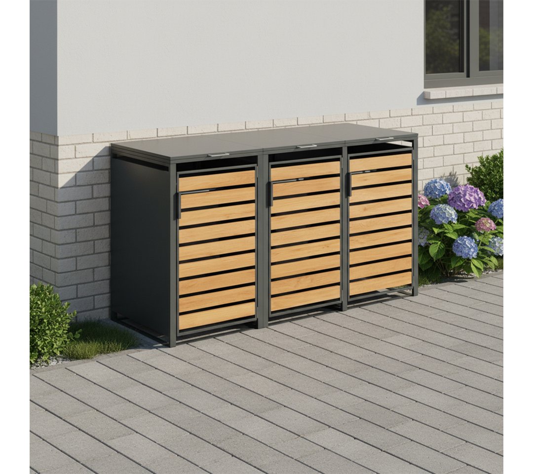 STEELSØN Mülltonnenbox Kestra 120L aus verzinktem Stahl (Anthrazit/Holz, Für 3 Tonnen), verfügbar mit 1, 2, 3, 4 oder 5 Türen, mit Sichtstreifen Holzoptik Bild 4