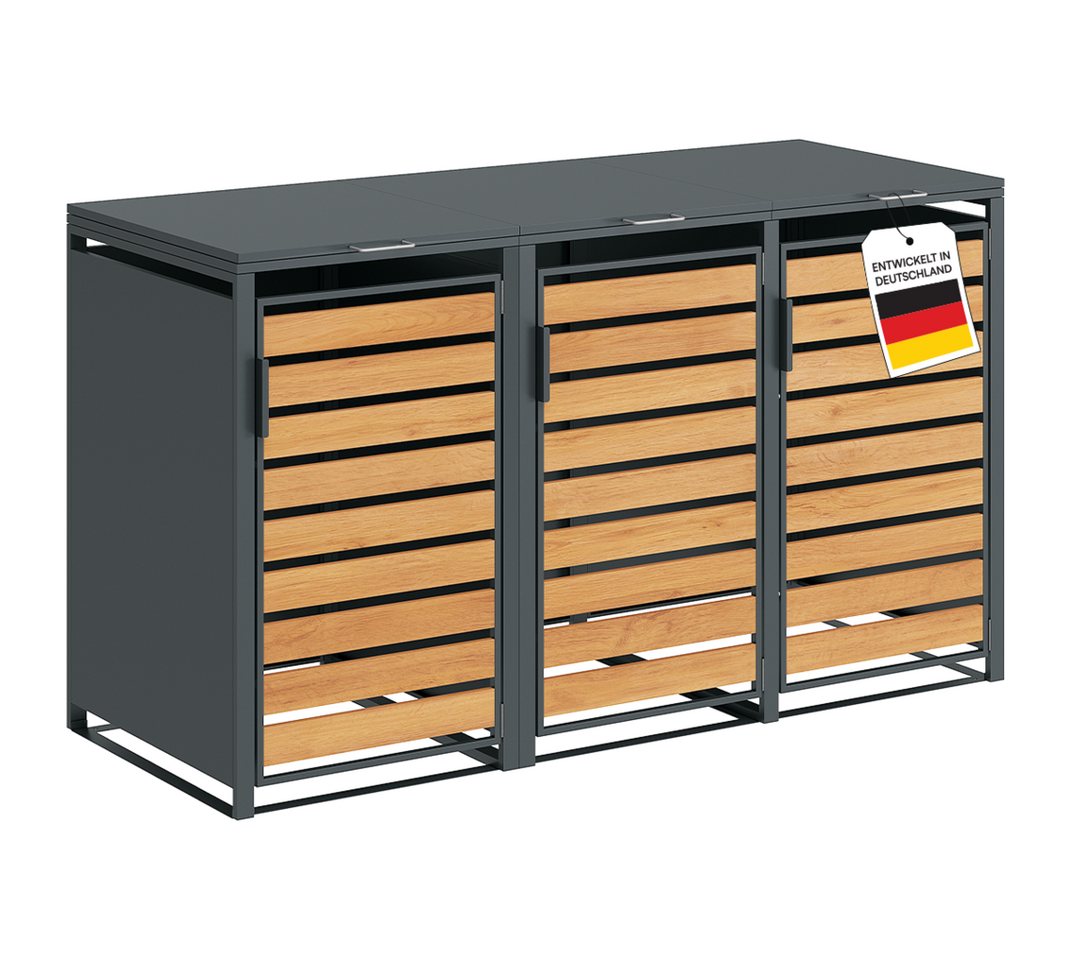 STEELSØN Mülltonnenbox Kestra 120L aus verzinktem Stahl (Anthrazit/Holz, Für 3 Tonnen), verfügbar mit 1, 2, 3, 4 oder 5 Türen, mit Sichtstreifen Holzoptik Bild 5