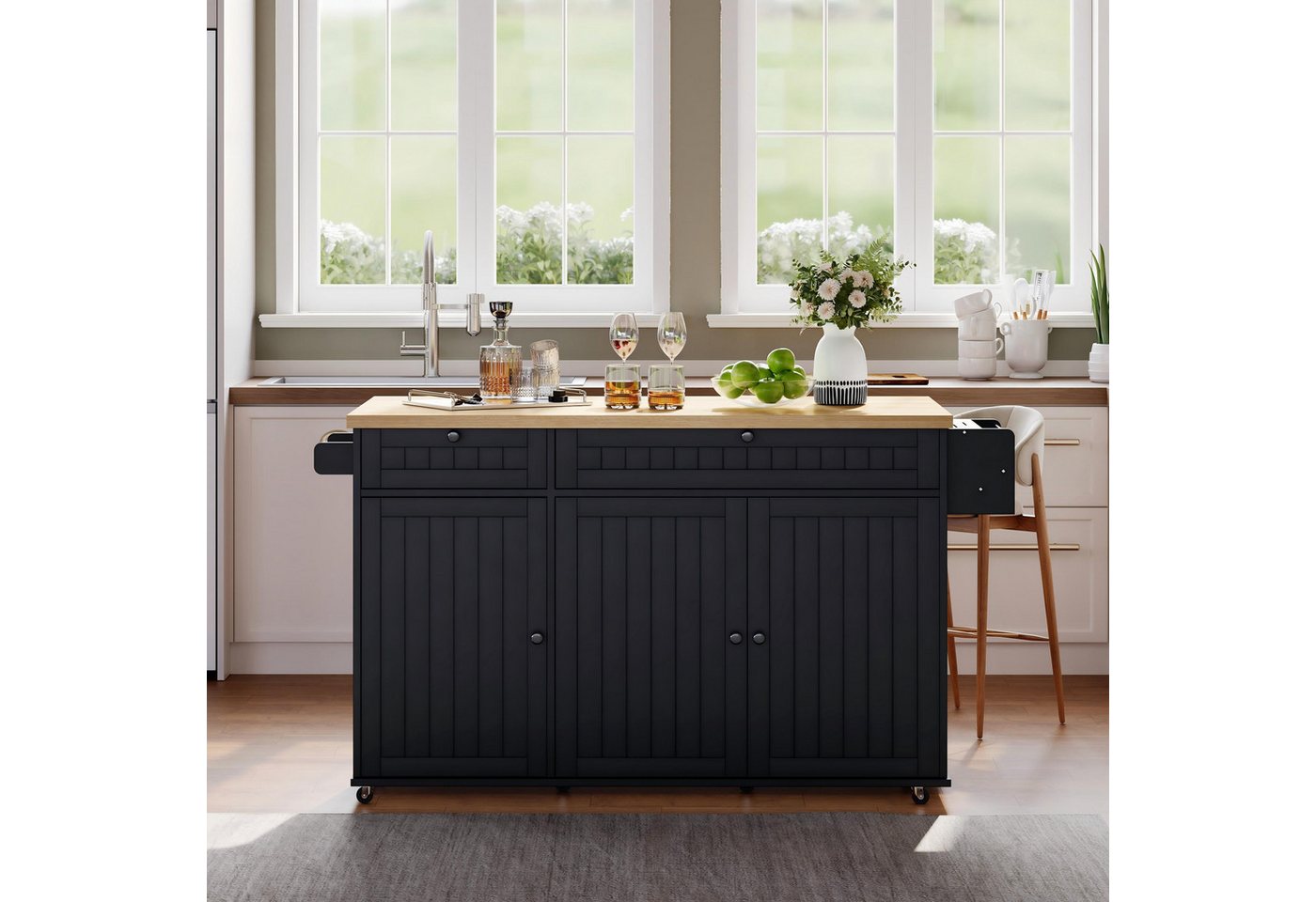 Flieks Küchenwagen Kücheninsel mit erweiterbarer Arbeitsplatte, Türregal und Rollen, (1 St), Servierwagen Küchenschrank Buffetschrank mit Schubladen Schwarz
