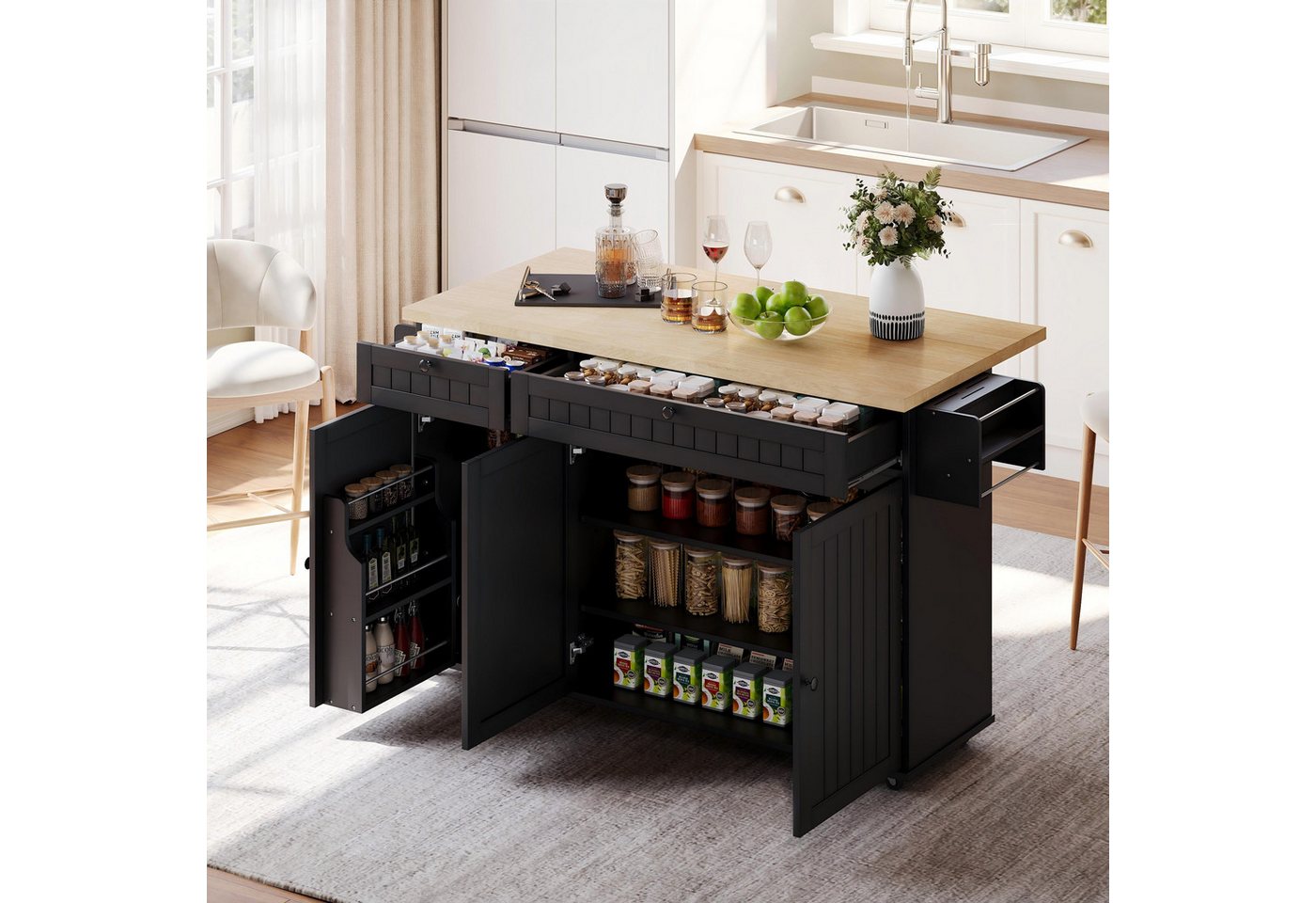 Flieks Küchenwagen Kücheninsel mit erweiterbarer Arbeitsplatte, Türregal und Rollen, (1 St), Servierwagen Küchenschrank Buffetschrank mit Schubladen Schwarz Bild 2