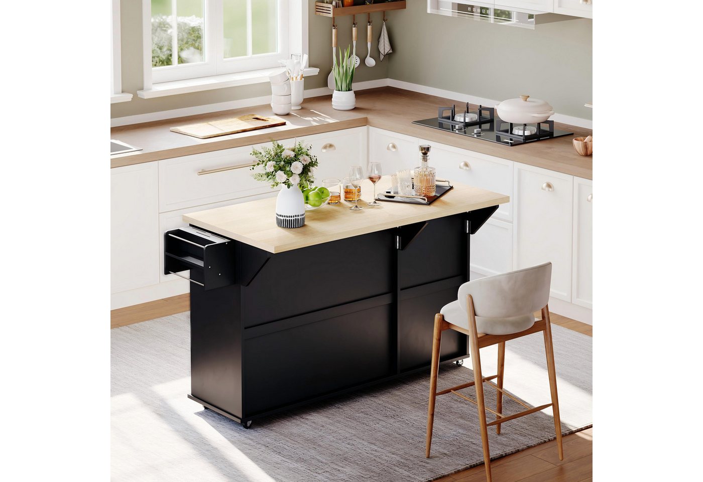 Flieks Küchenwagen Kücheninsel mit erweiterbarer Arbeitsplatte, Türregal und Rollen, (1 St), Servierwagen Küchenschrank Buffetschrank mit Schubladen Schwarz Bild 3