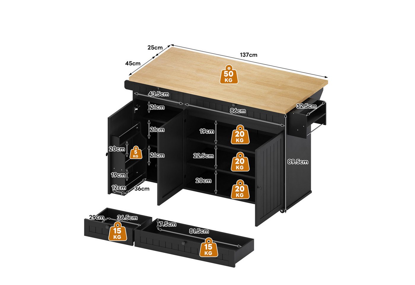 Flieks Küchenwagen Kücheninsel mit erweiterbarer Arbeitsplatte, Türregal und Rollen, (1 St), Servierwagen Küchenschrank Buffetschrank mit Schubladen Schwarz Bild 5