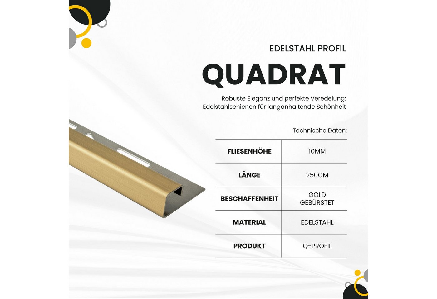 tktrading24 Abschlussprofil Quadrat Fliesenprofil Edelstahl V2A L250cm H10 gold gebürstet
