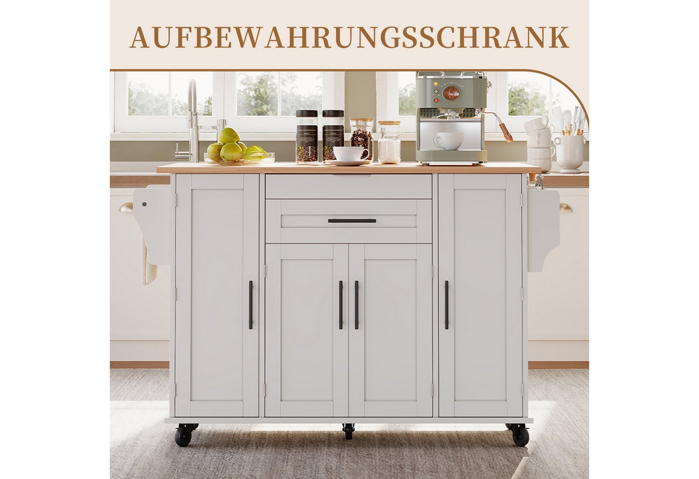 SeedWave Kücheninsel auf Rollen, mit Klappbarer Tischplatte, Besteckschublade, Staufächern, 1 Gewürzboard & Handtuchhalter, 3 höhenverstellbare Einlegeböden
