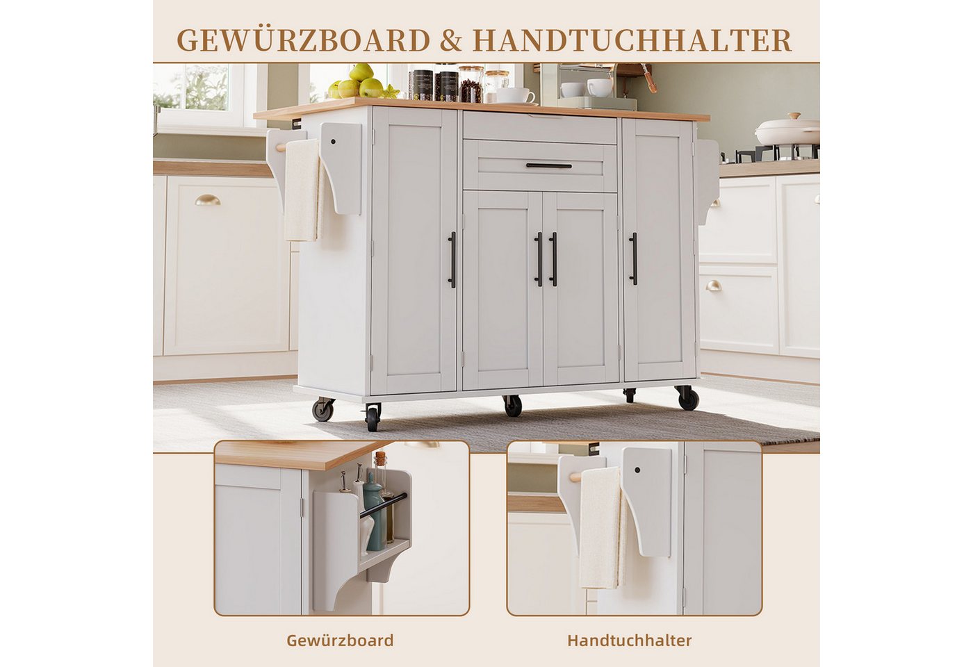 SeedWave Kücheninsel auf Rollen, mit Klappbarer Tischplatte, Besteckschublade, Staufächern, 1 Gewürzboard & Handtuchhalter, 3 höhenverstellbare Einlegeböden Bild 2