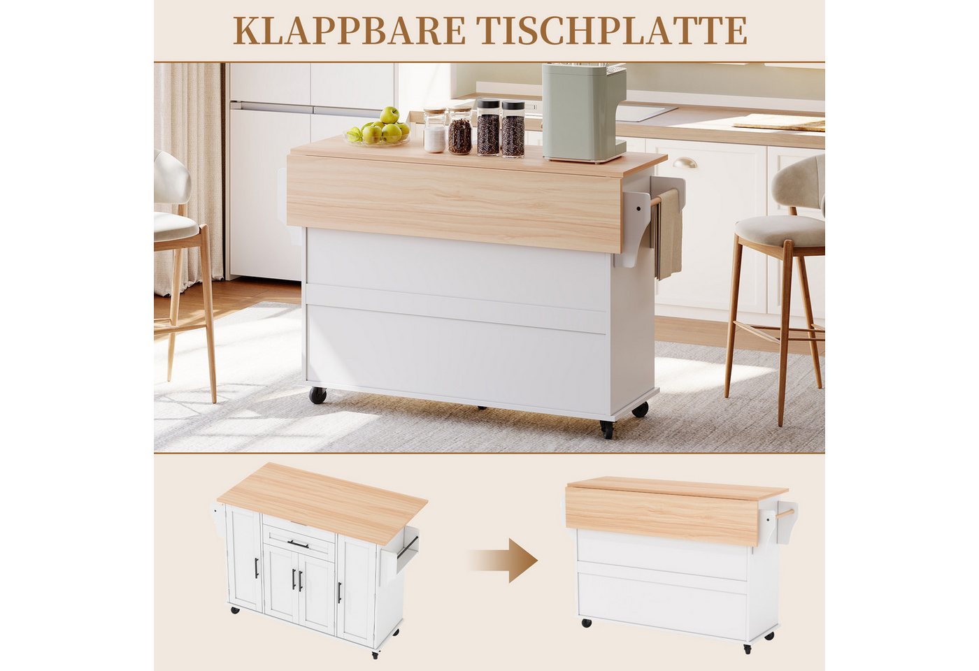 SeedWave Kücheninsel auf Rollen, mit Klappbarer Tischplatte, Besteckschublade, Staufächern, 1 Gewürzboard & Handtuchhalter, 3 höhenverstellbare Einlegeböden Bild 3