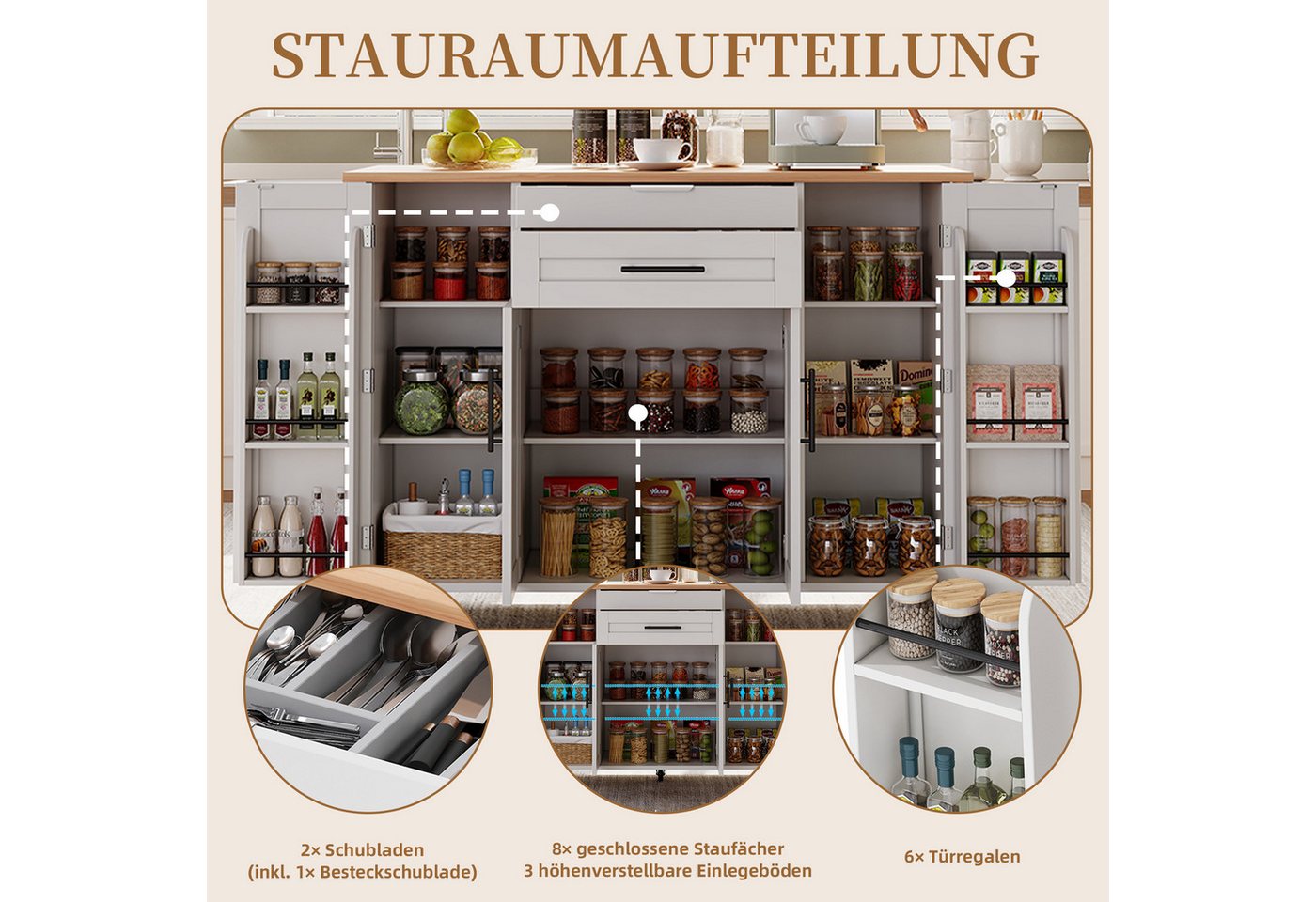 SeedWave Kücheninsel auf Rollen, mit Klappbarer Tischplatte, Besteckschublade, Staufächern, 1 Gewürzboard & Handtuchhalter, 3 höhenverstellbare Einlegeböden Bild 4
