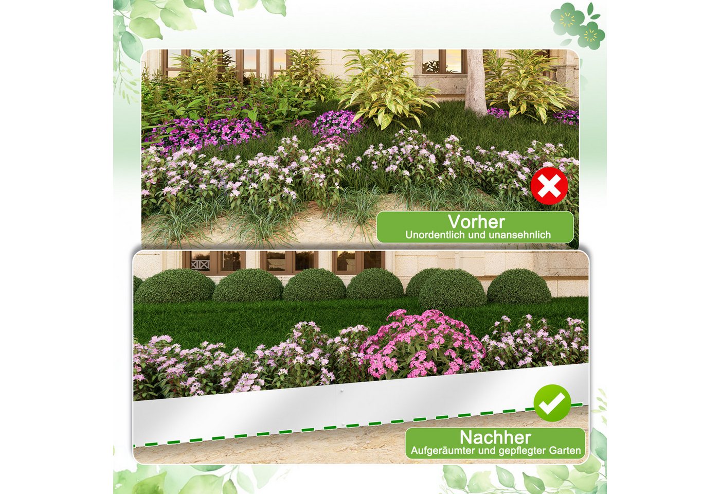 FIVMEN Beetumrandung Rasenkante Gartenkantenplatte 5cm/10cm Hoch aus Metall, Silber, Verzinkt Rasenbleche Mähkante Flexible Rasen Umrandung 5m/10m Lang